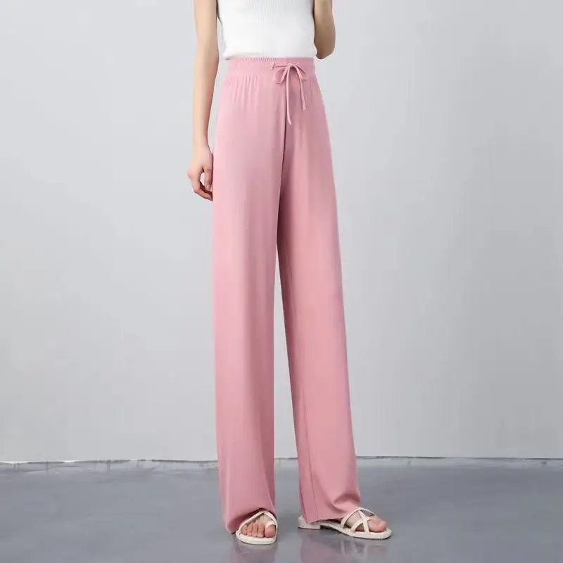 Women Ice Silk Wide Leg Pants Black Slimming Summer - Image 3
