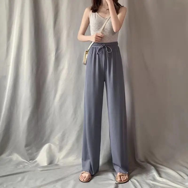 Women Ice Silk Wide Leg Pants Black Slimming Summer - Image 4