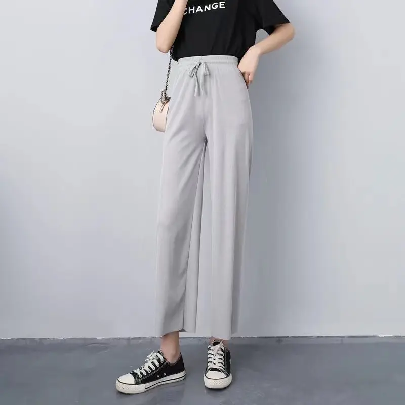 Women Ice Silk Wide Leg Pants Black Slimming Summer - Image 9
