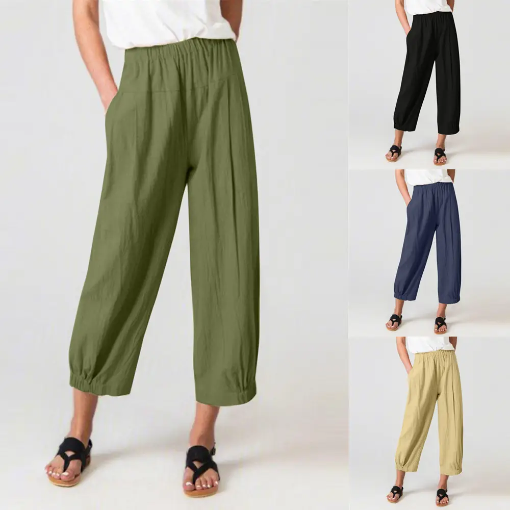 Women's Wide Leg Ankle-Crop Cotton Linen Pants Navy Blue - Image 6