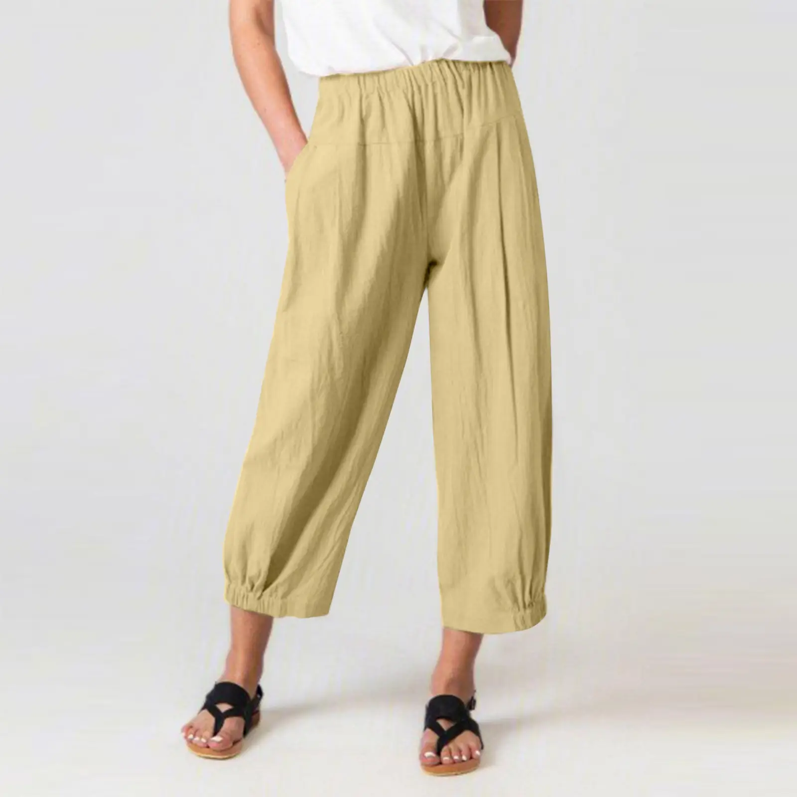 Women's Wide Leg Ankle-Crop Cotton Linen Pants Navy Blue - Image 7