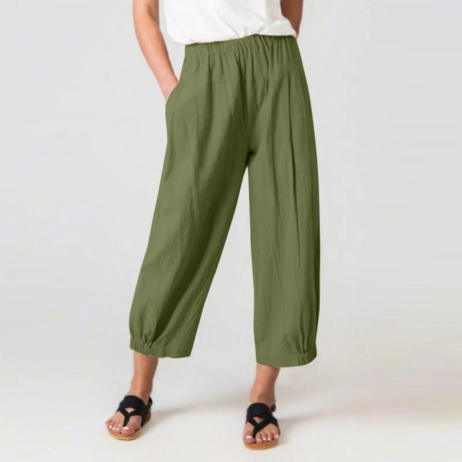 Women's Wide Leg Ankle-Crop Cotton Linen Pants Navy Blue - Image 9