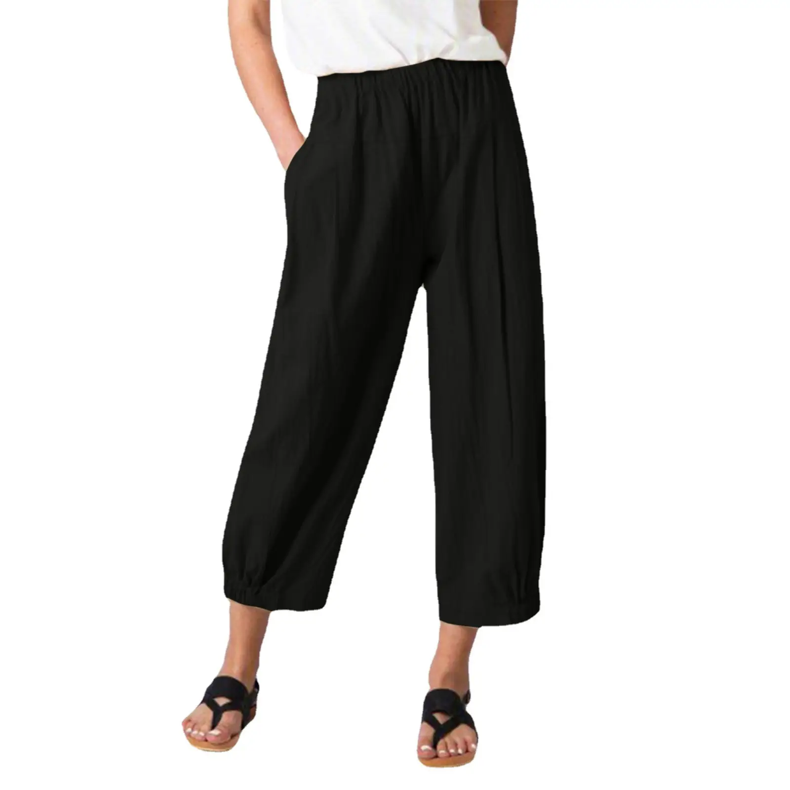 Women's Wide Leg Ankle-Crop Cotton Linen Pants Navy Blue - Image 10