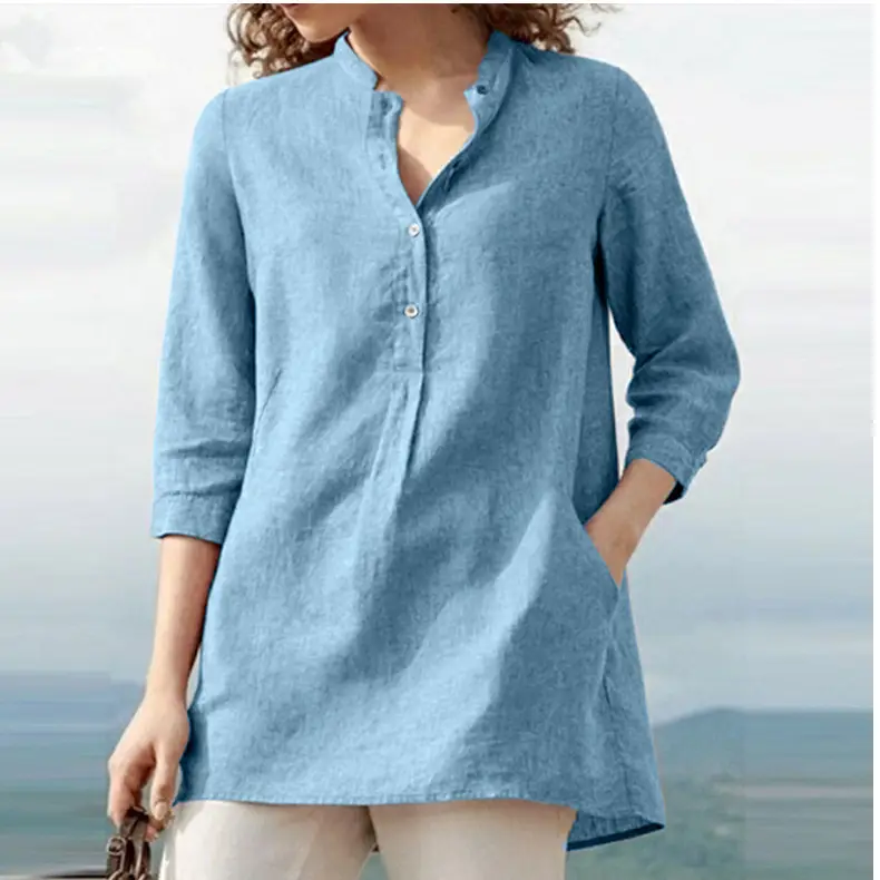 Women Cotton Linen 3Q Sleeve Collar Shirt Blue - Image 11