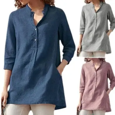 Women Cotton Linen 3Q Sleeve Collar Shirt Blue - Image 13