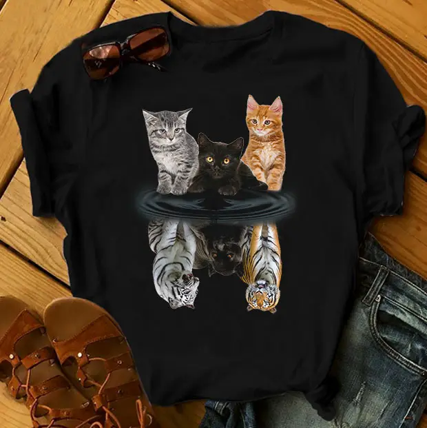 Moon Cat Print T-Shirt Black Women Men