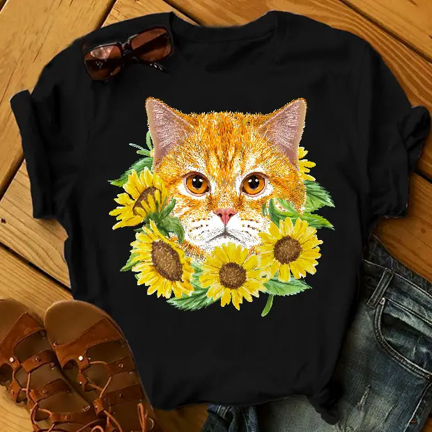 Moon Cat Print T-Shirt Black Women Men