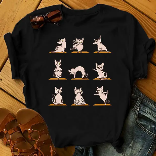 Moon Cat Print T-Shirt Black Women Men