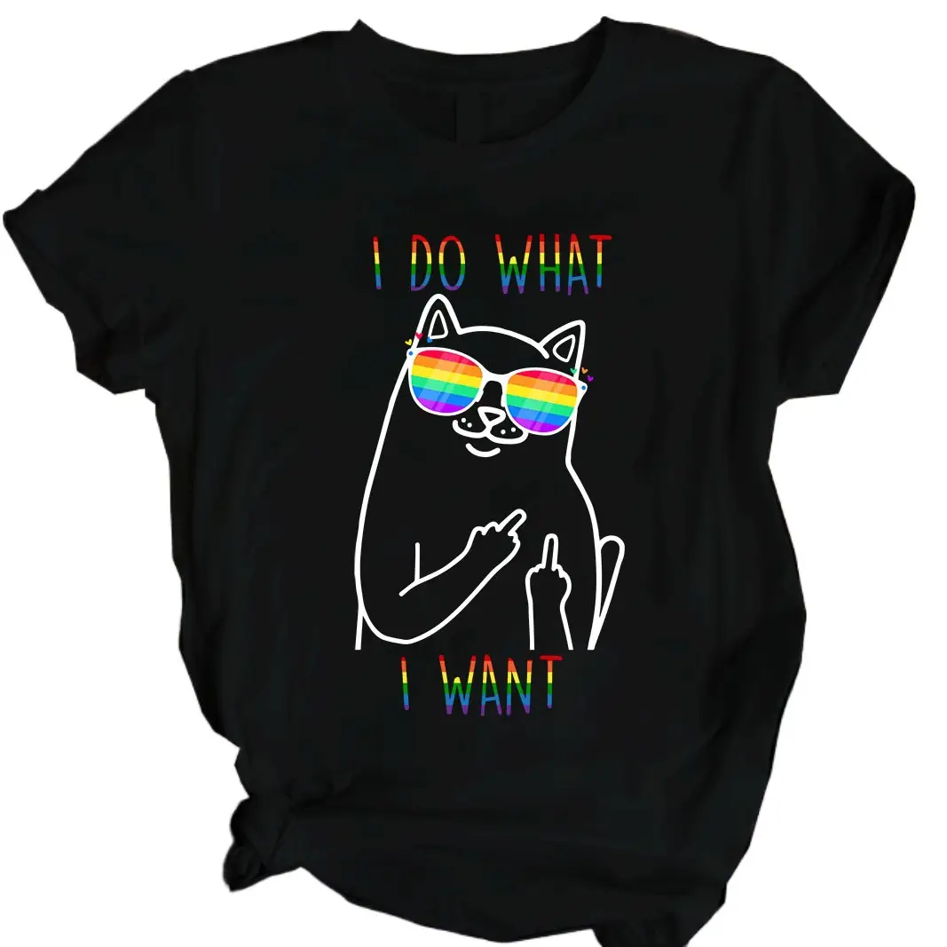 Moon Cat Print T-Shirt Black Women Men