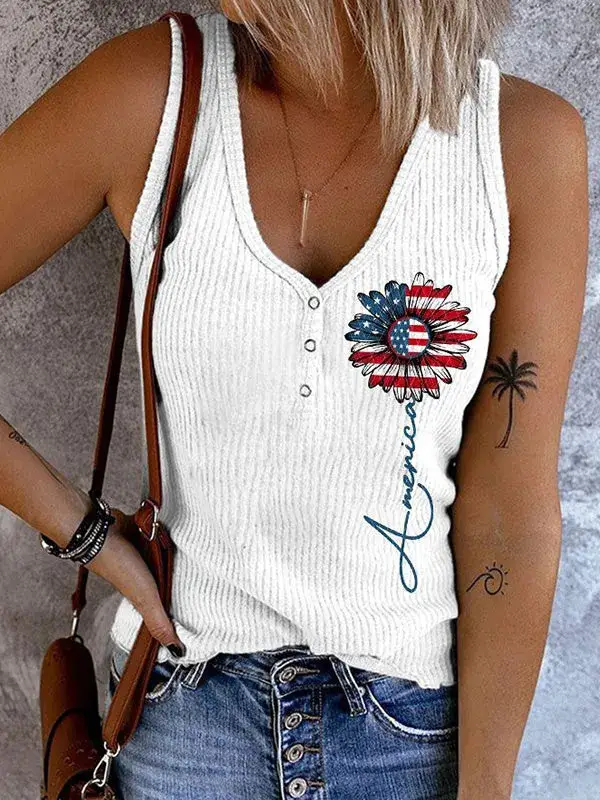 Women's 3D Printed V-Neck Sleeveless Vest with American Flag Design - Image 22