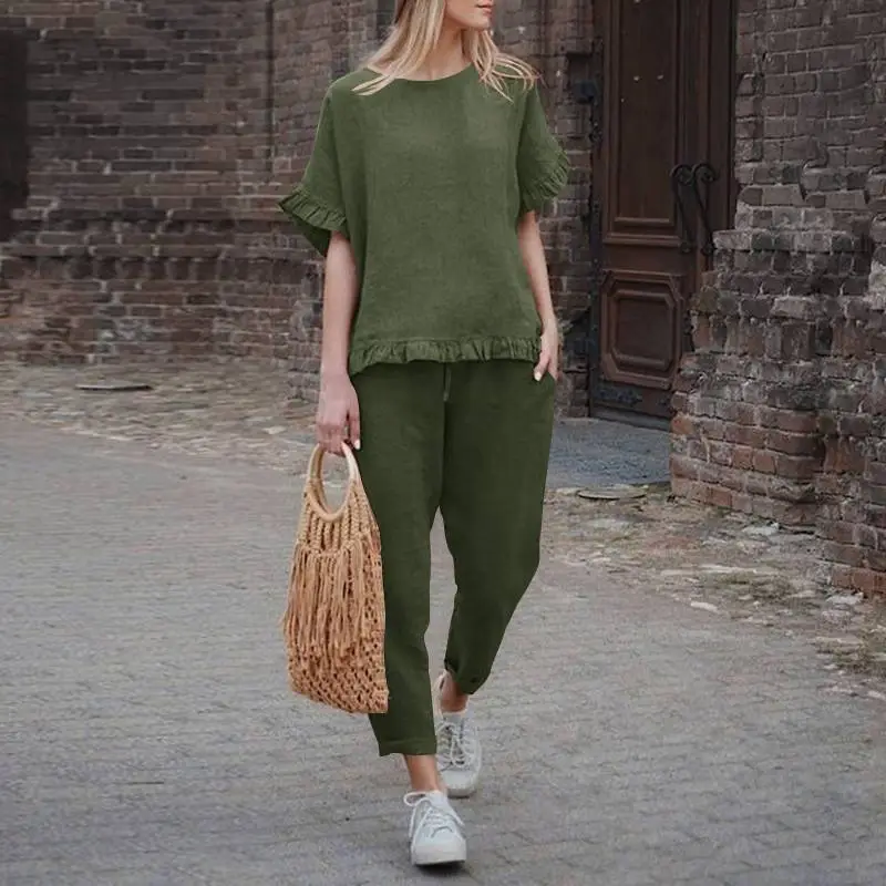 2023 Women's Navy Blue Cotton Linen Pants Suit - Image 3