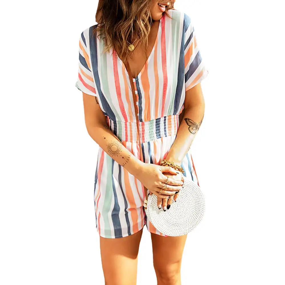 2024 Summer Striped V-Neck Button Jumpsuit Set - Image 5