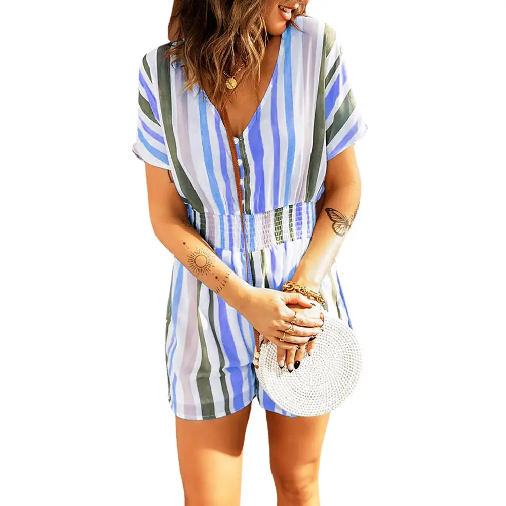 2024 Summer Striped V-Neck Button Jumpsuit Set - Image 3