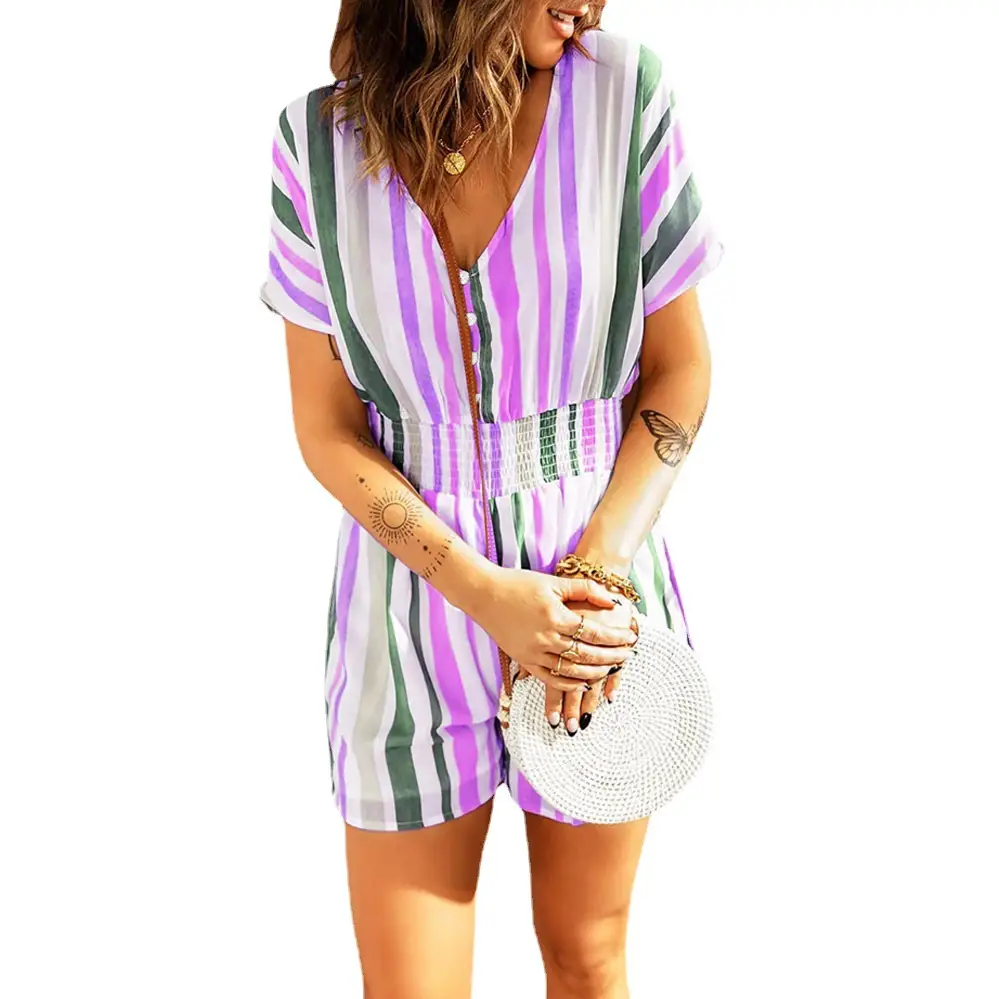 2024 Summer Striped V-Neck Button Jumpsuit Set - Image 6