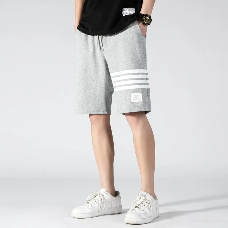 Men Drawstring Shorts Grey Striped Pure Cotton Summer - Image 4