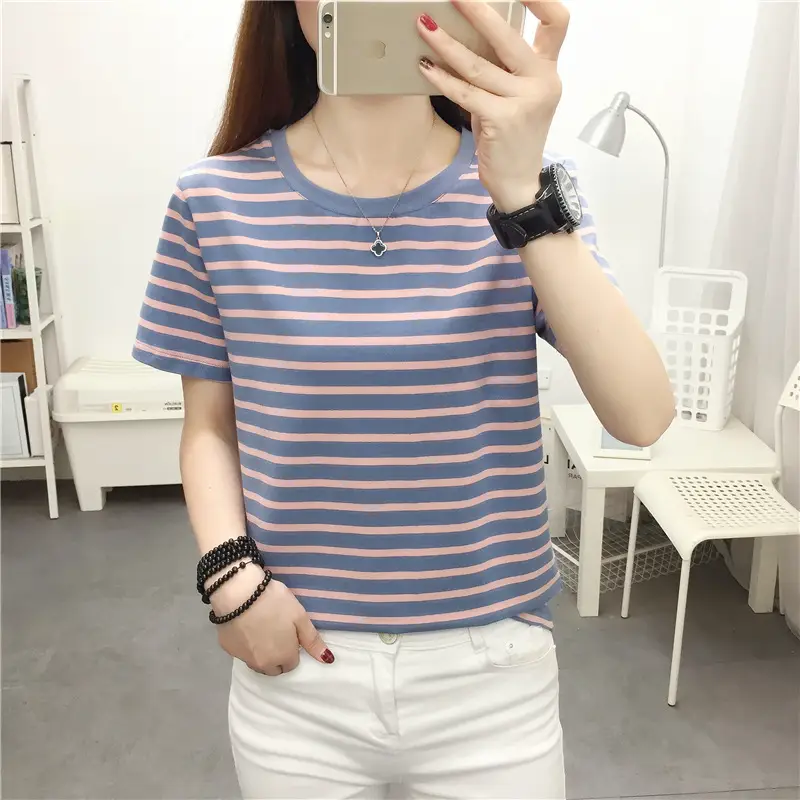 Women Striped Cotton T-Shirt Plus Size Summer Loose Fit - Image 12