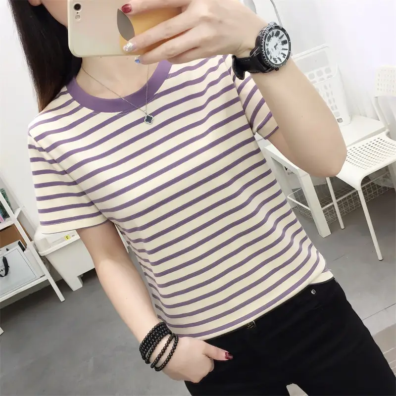 Women Striped Cotton T-Shirt Plus Size Summer Loose Fit - Image 10