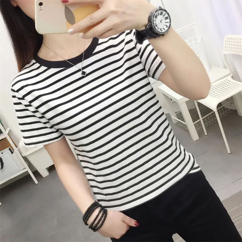 Women Striped Cotton T-Shirt Plus Size Summer Loose Fit - Image 3