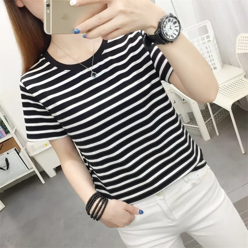Women Striped Cotton T-Shirt Plus Size Summer Loose Fit - Image 4