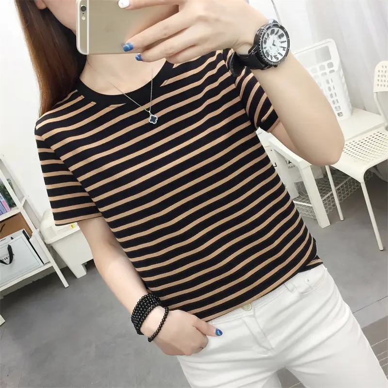 Women Striped Cotton T-Shirt Plus Size Summer Loose Fit - Image 5