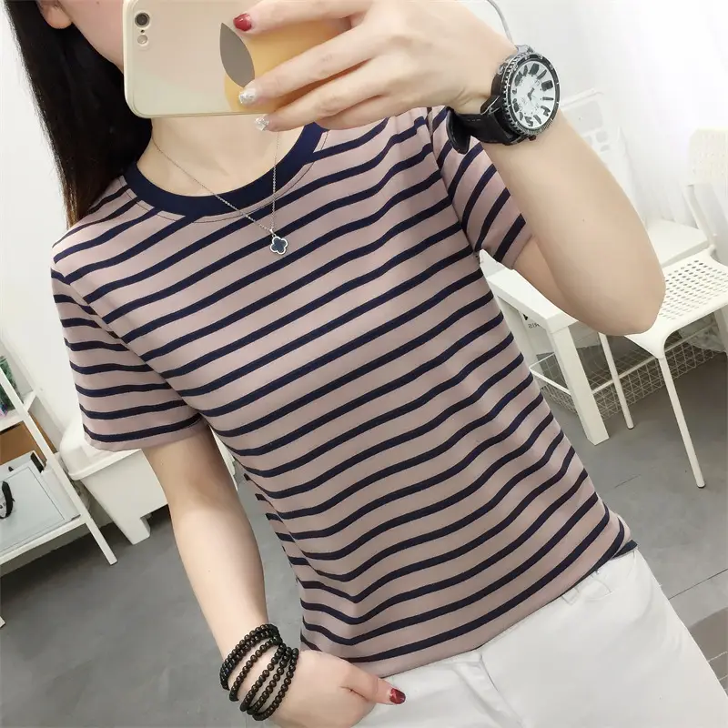 Women Striped Cotton T-Shirt Plus Size Summer Loose Fit - Image 6