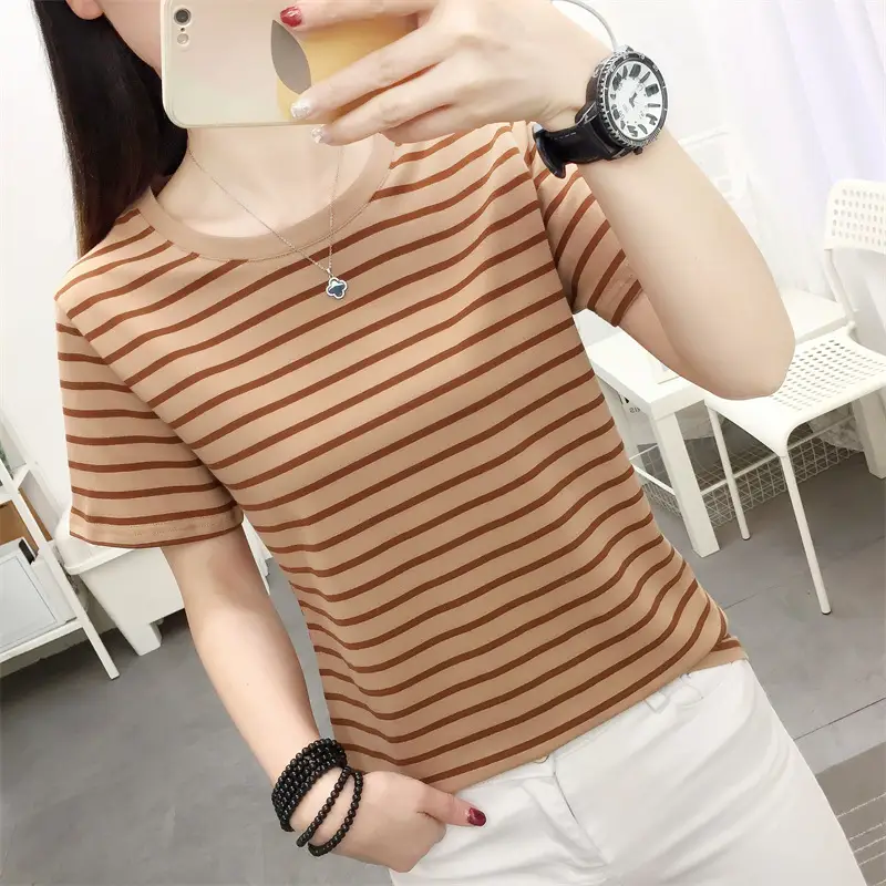 Women Striped Cotton T-Shirt Plus Size Summer Loose Fit - Image 7