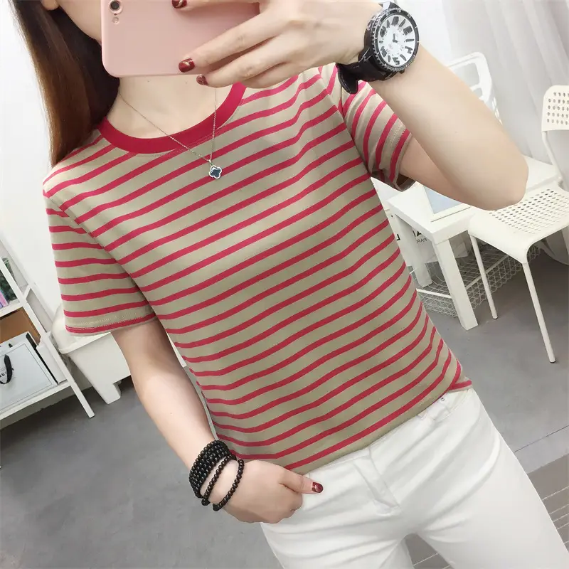 Women Striped Cotton T-Shirt Plus Size Summer Loose Fit - Image 9
