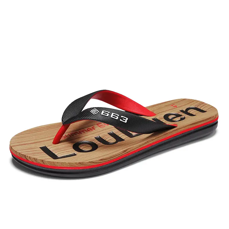 Men's New Summer Flip Flops with Wooden Sole & Red Strap