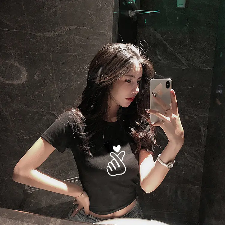 Women Red Hand Heart Crop Top T-Shirt — feature 10