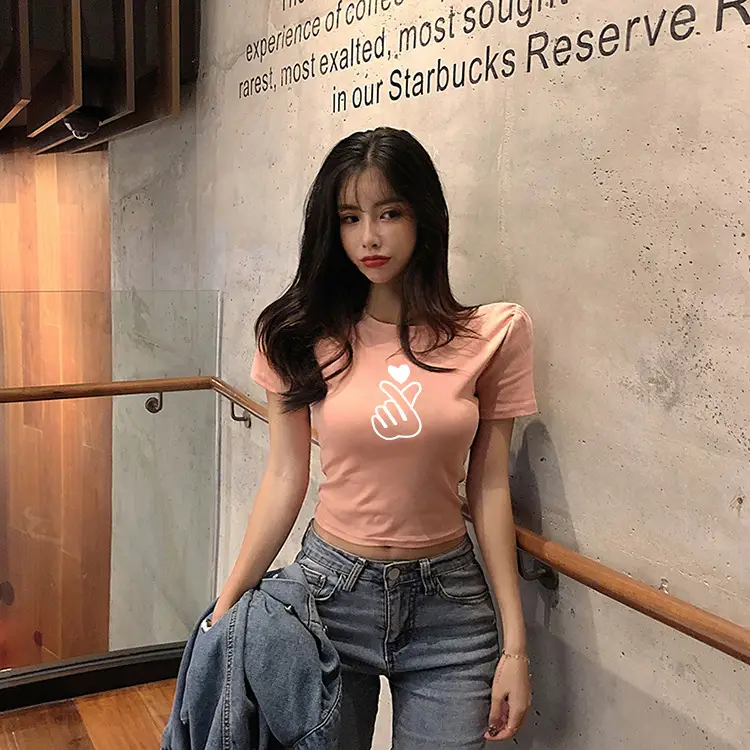 Women Red Hand Heart Crop Top T-Shirt — feature 12