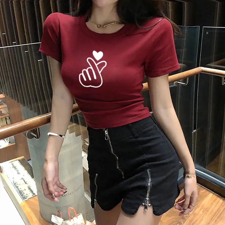 Women Red Hand Heart Crop Top T-Shirt — feature 3
