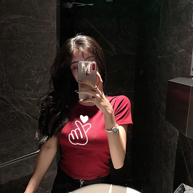 Women Red Hand Heart Crop Top T-Shirt — feature 4