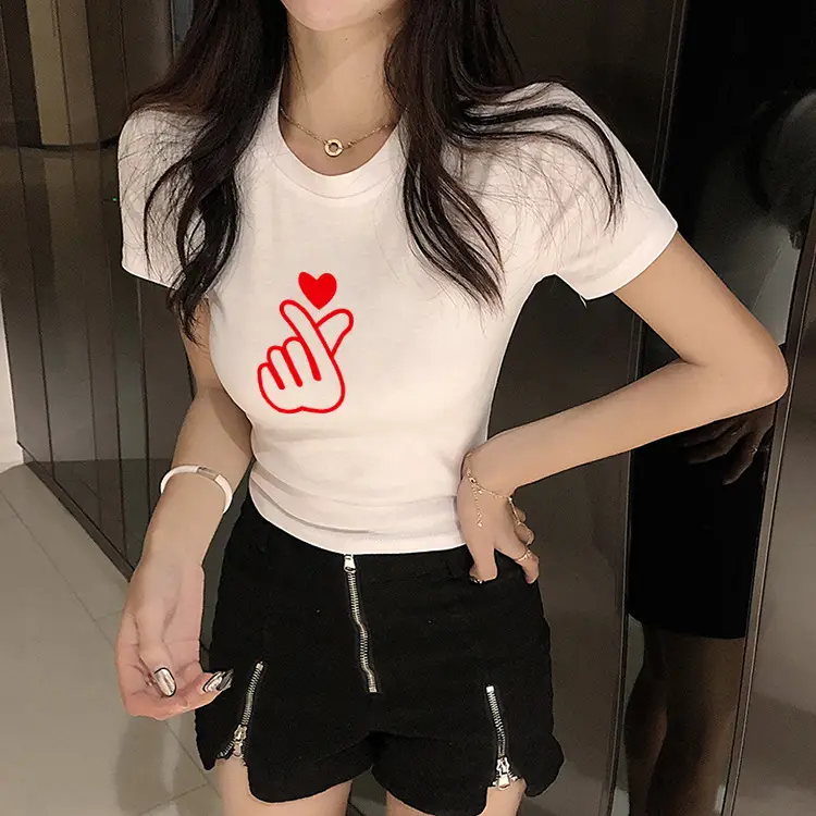 Women Red Hand Heart Crop Top T-Shirt — feature 6