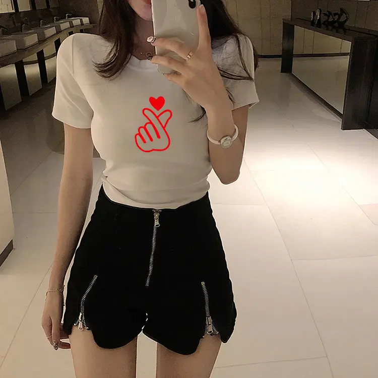 Women Red Hand Heart Crop Top T-Shirt — feature 7