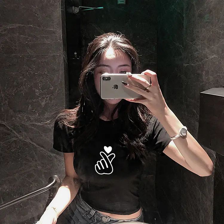 Women Red Hand Heart Crop Top T-Shirt — feature 9