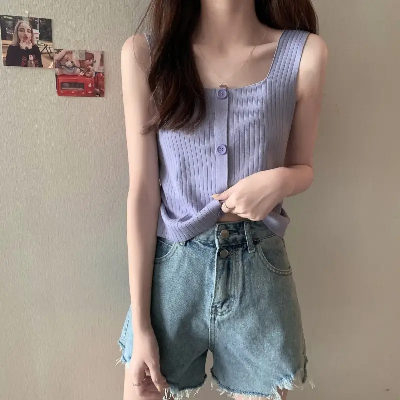 Women Black Knitted Sleeveless Camisole Summer Top - Image 2