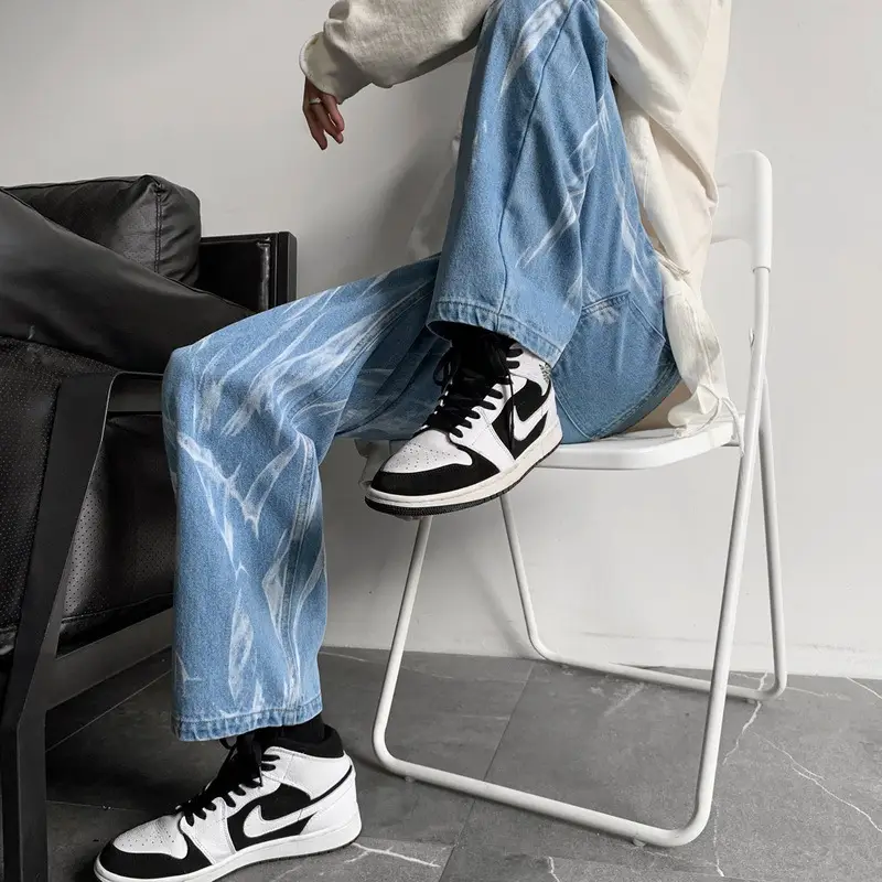 Black Tie-Dye Men's Loose Fit Jeans High Street Style