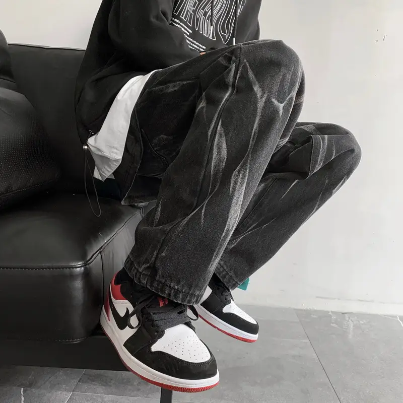 Black Tie-Dye Men's Loose Fit Jeans High Street Style