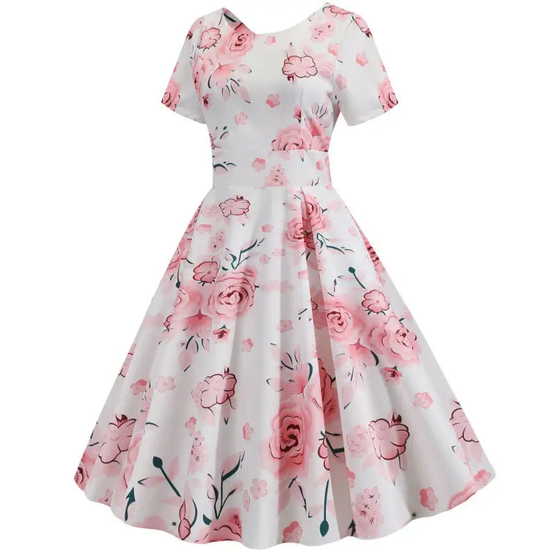 2019 Floral Belted Summer Dress White Pink Rose Print - Image 2