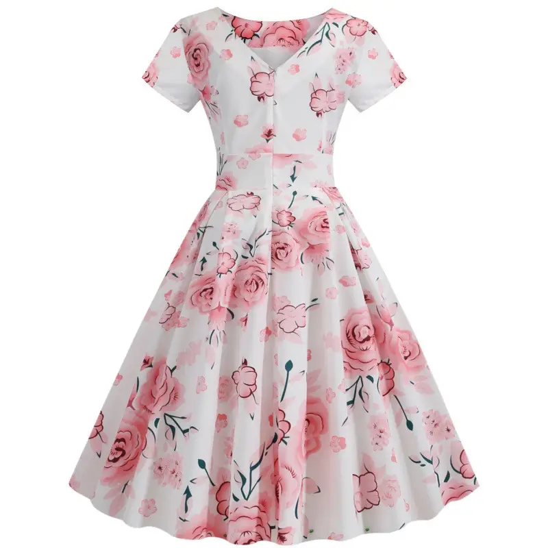2019 Floral Belted Summer Dress White Pink Rose Print - Image 3
