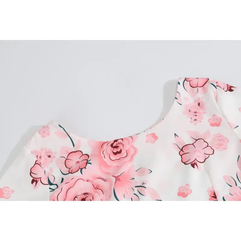 2019 Floral Belted Summer Dress White Pink Rose Print - Image 4