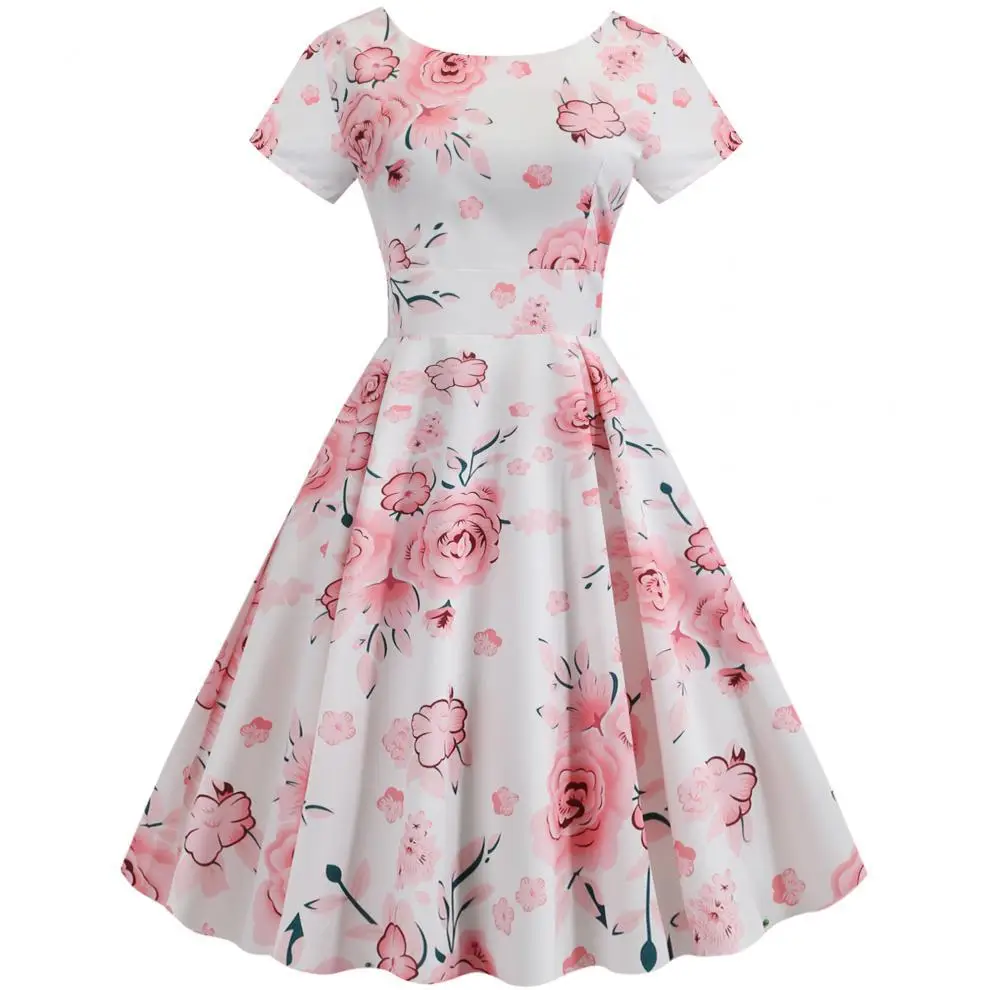 2019 Floral Belted Summer Dress White Pink Rose Print — feature 3