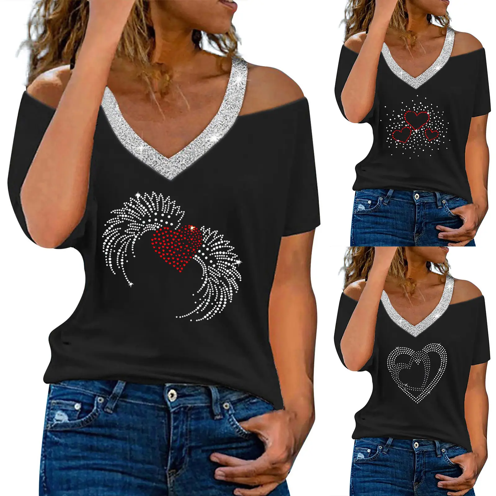 Women V-Neck Shoulder Short Sleeve T-Shirt Pink - Image 27
