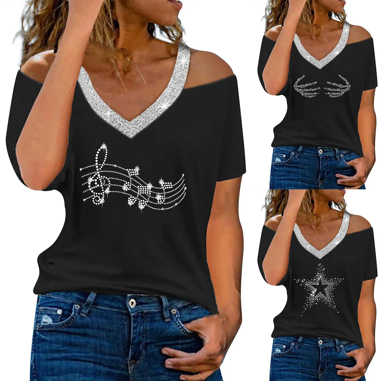 Women V-Neck Shoulder Short Sleeve T-Shirt Pink - Image 28