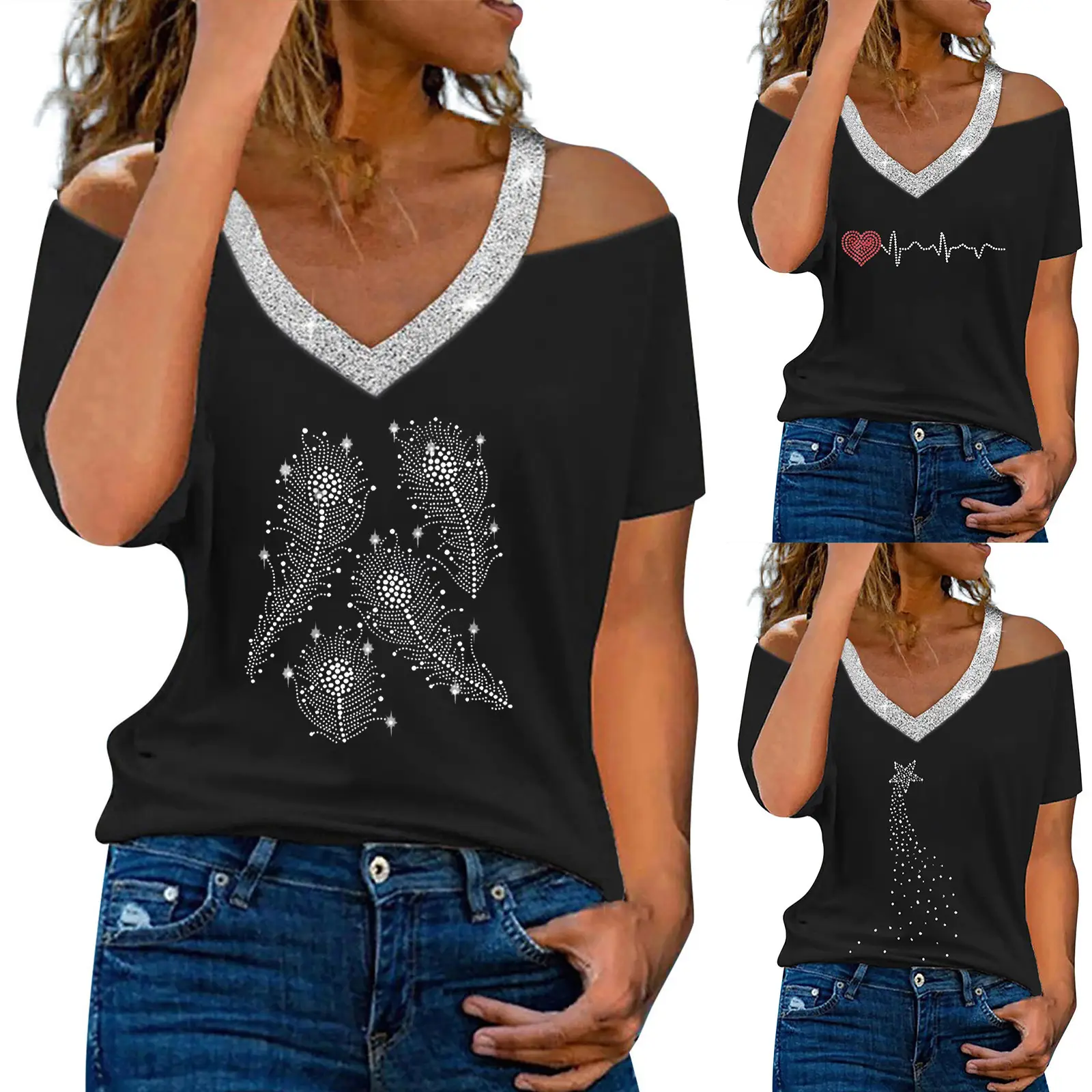Women V-Neck Shoulder Short Sleeve T-Shirt Pink - Image 30