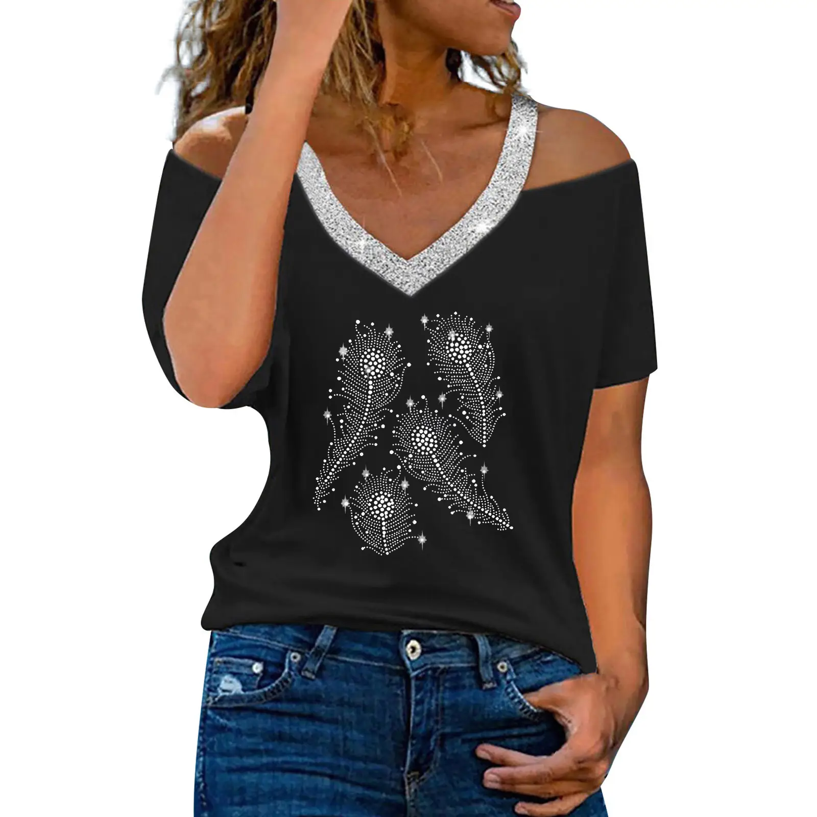 Women V-Neck Shoulder Short Sleeve T-Shirt Pink - Image 15