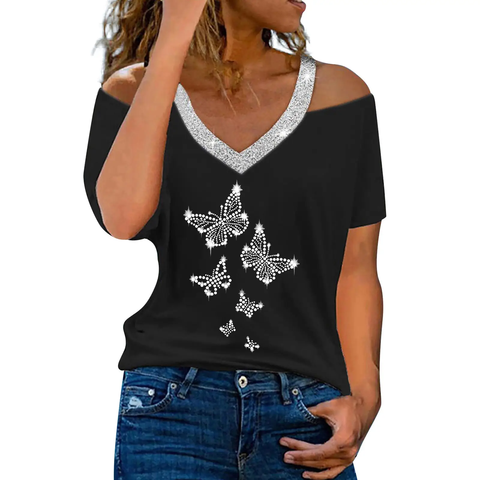 Women V-Neck Shoulder Short Sleeve T-Shirt Pink - Image 18