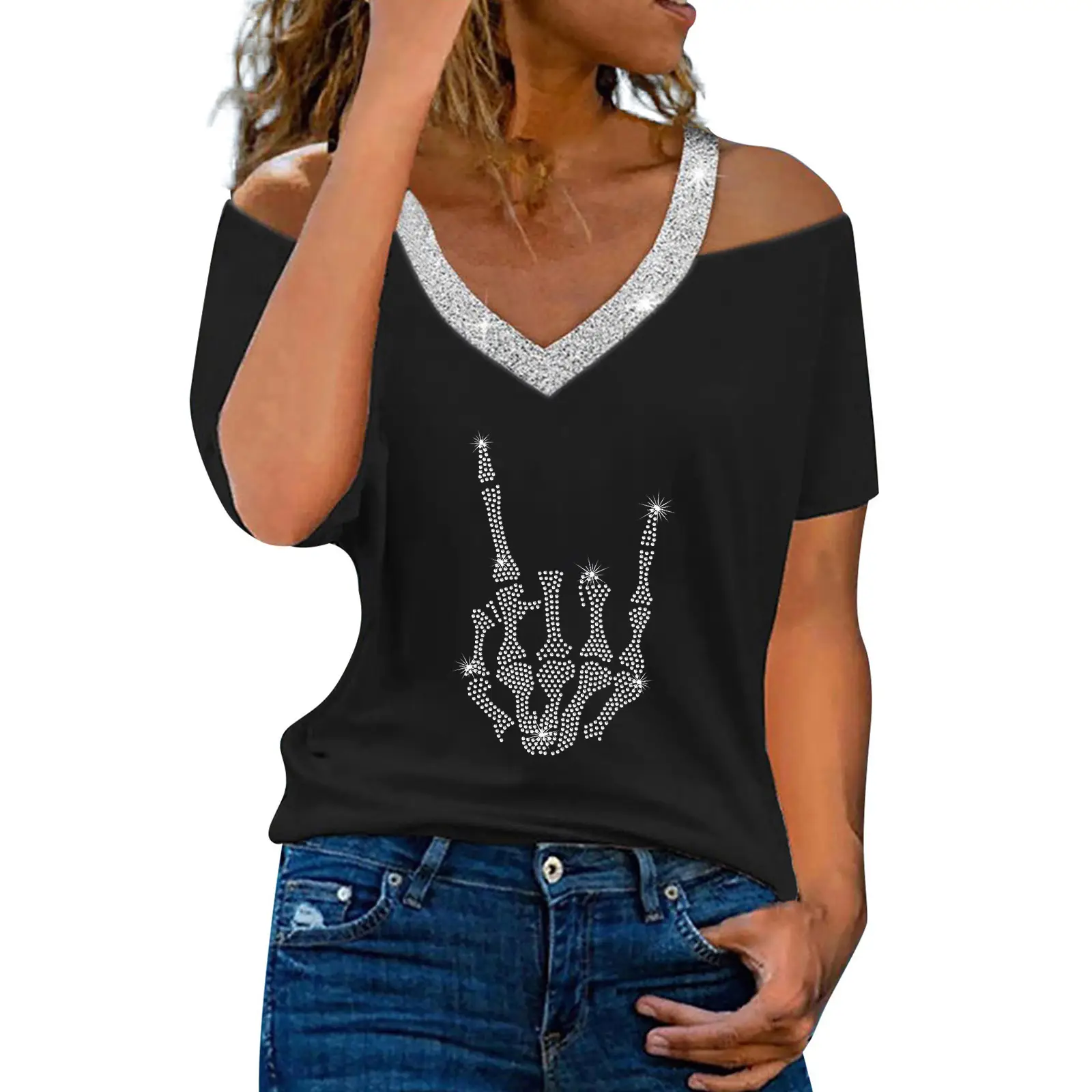 Women V-Neck Shoulder Short Sleeve T-Shirt Pink - Image 2
