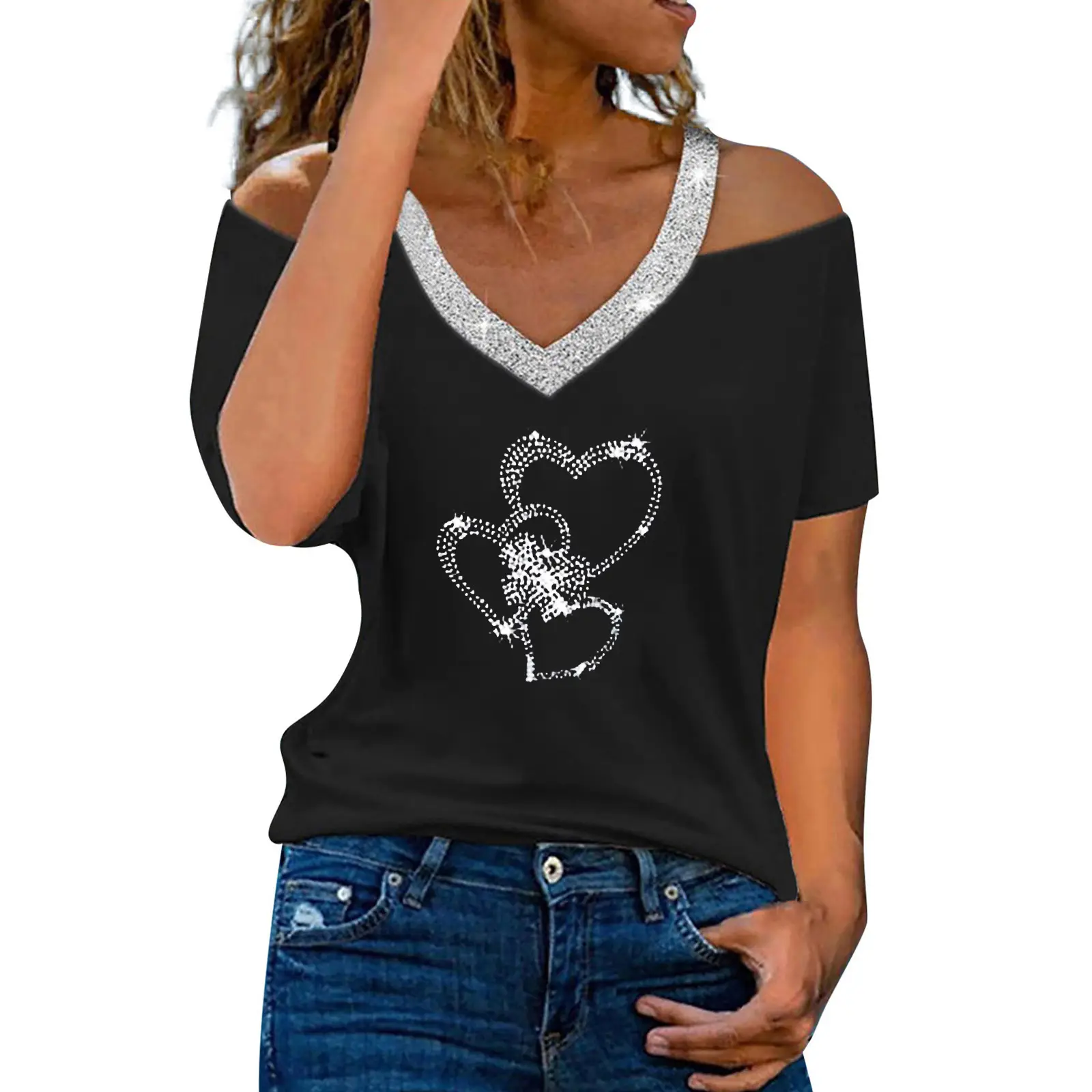 Women V-Neck Shoulder Short Sleeve T-Shirt Pink - Image 7