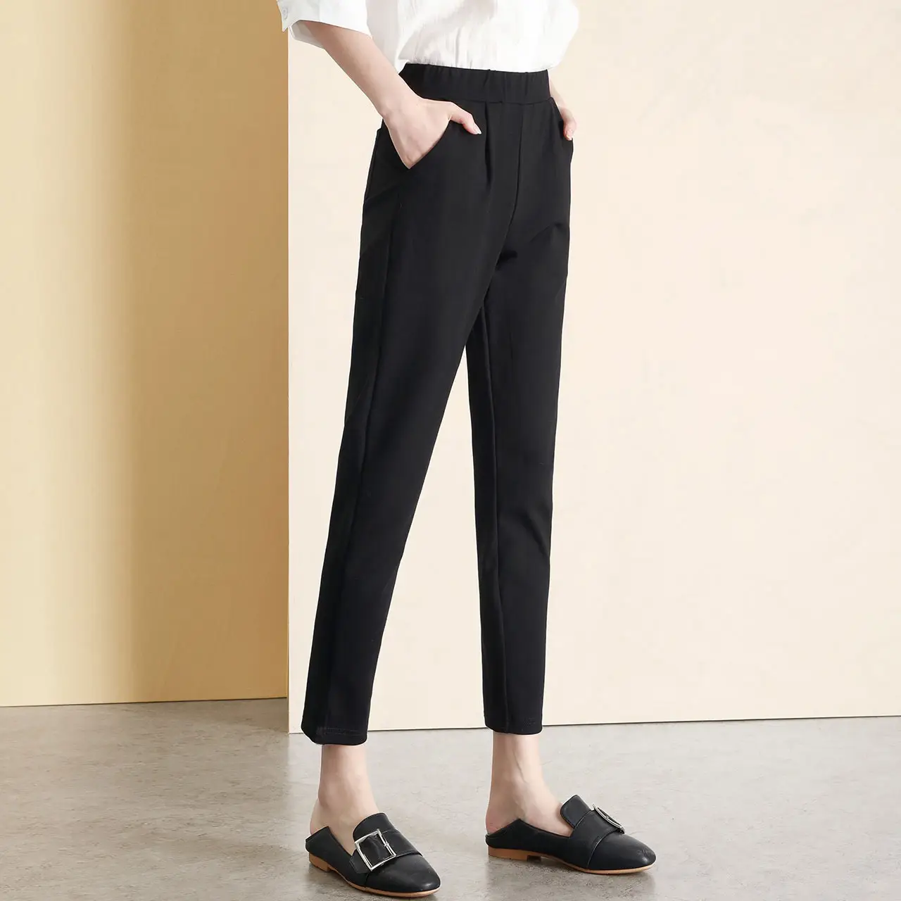 Women's Black Elastic Waist Harlan Pants Large Size - Image 2